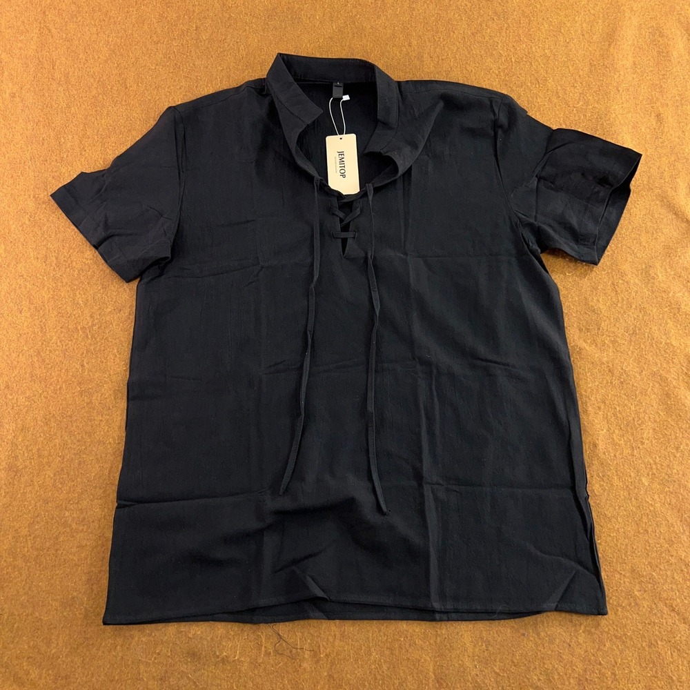 JEMITOP Mens Large Black Lace Up V-Neck Cotton Short Sleeve Shirt NWT